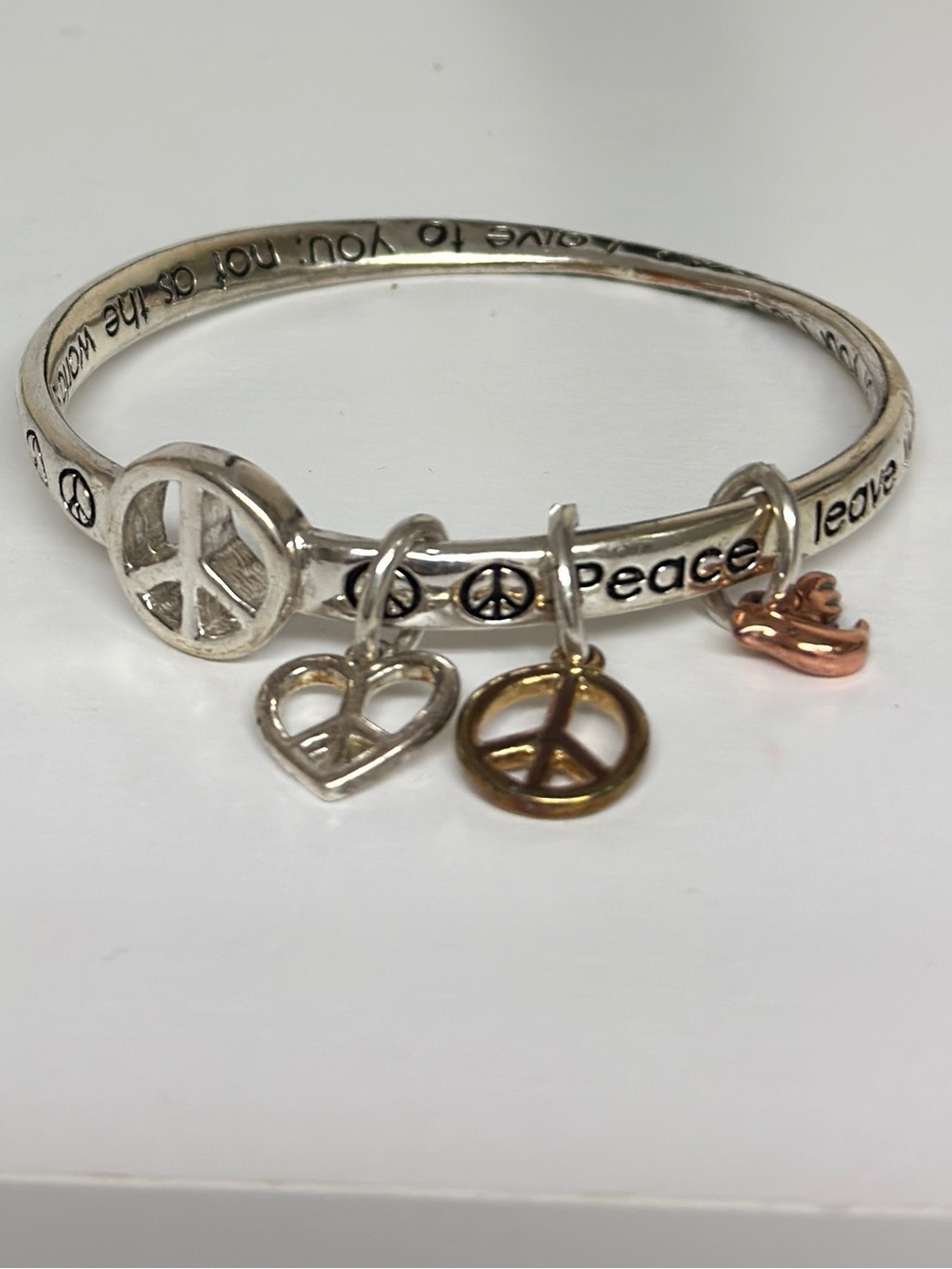 Peace Love Charm Bangle Bracelet Mixed Metal Dove Heart Boho